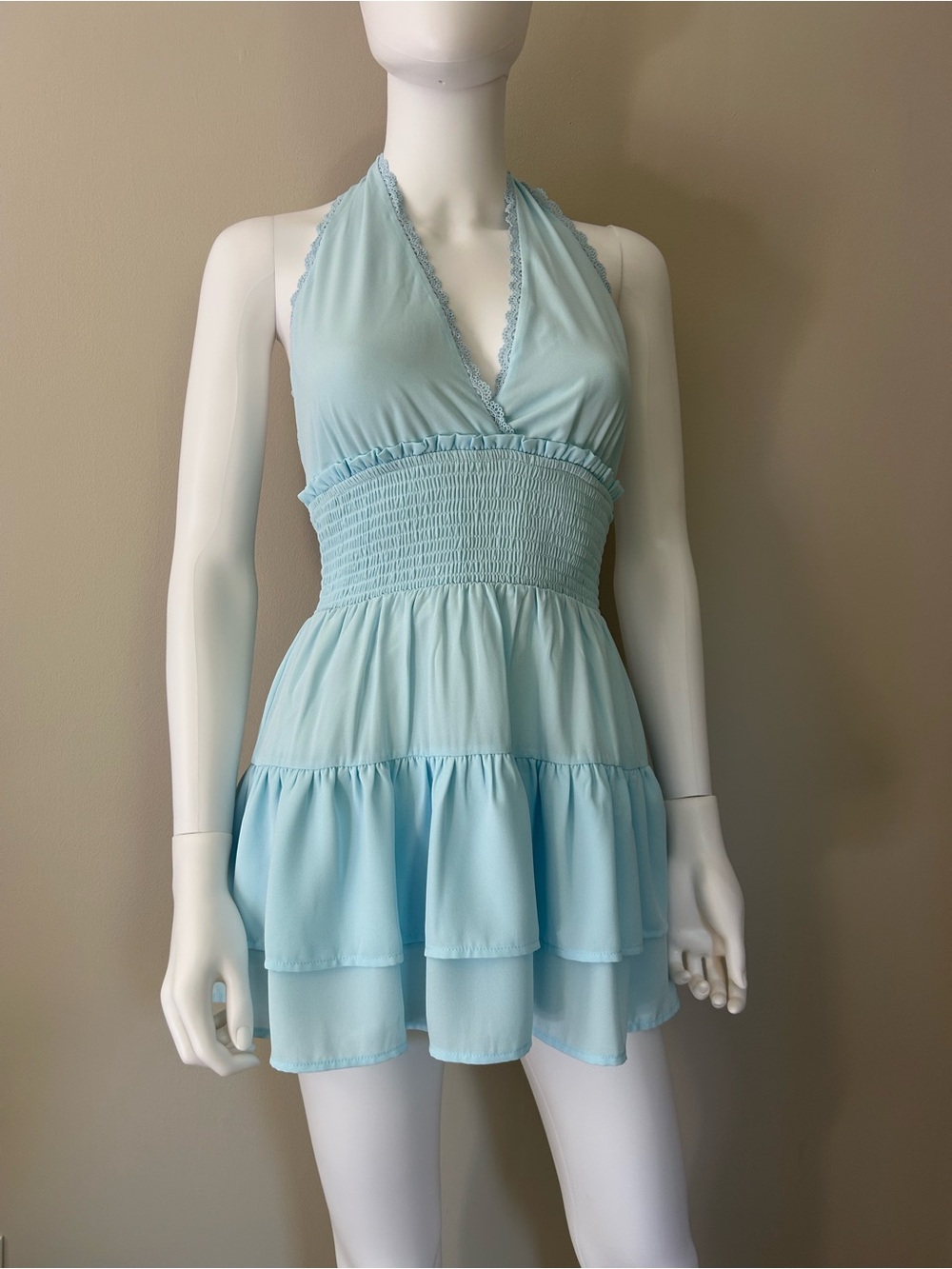 Anthem Blue Halter Backless Mini Dress Lace Ruffle Trim Size XS